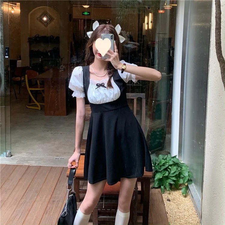 超仙女假两件连衣裙甜美可爱泡泡袖初恋裙法式拼接小黑裙收腰显瘦