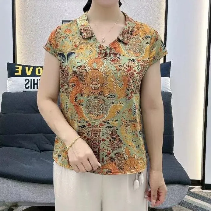 2025夏季新款中老年妈妈装印花短袖小衫气质百搭遮肉减龄上衣女潮