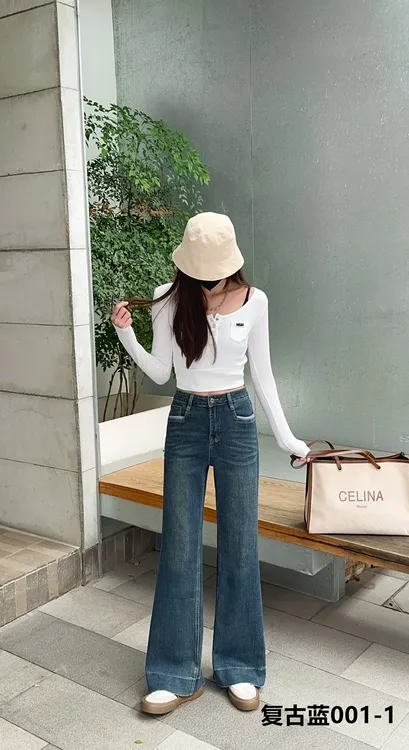 y001新款显瘦设计感复古女士春秋高腰微弹牛仔微喇裤女款修身显瘦