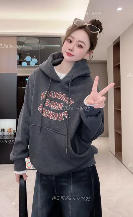 【安可乐】2025冬季新款印花连帽抽绳字母口袋韩系大版卫衣（1018）