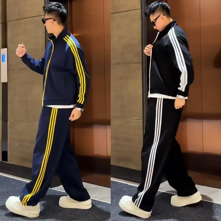 秋季新款条纹三条杠休闲运动套装宽松百搭上衣外套直筒休闲裤长裤