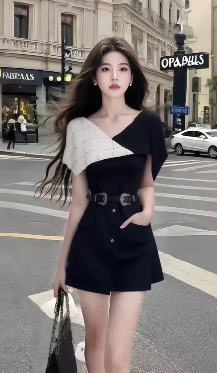 夏季新款2025时尚黑色设计感V领修身收腰系带连衣裙女氛围感女装