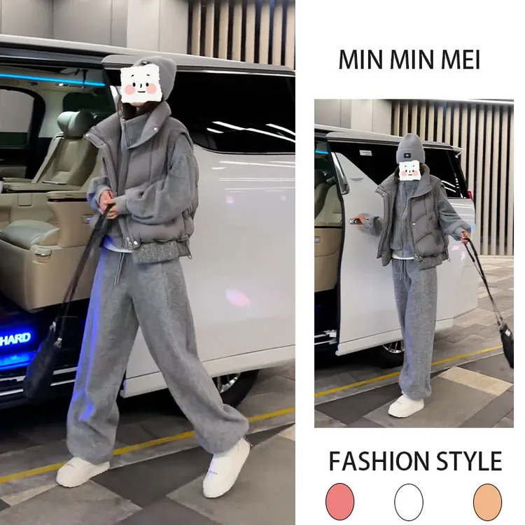 时尚休闲套装女2025年冬季新款洋气加厚马甲加绒卫衣卫裤三件套装