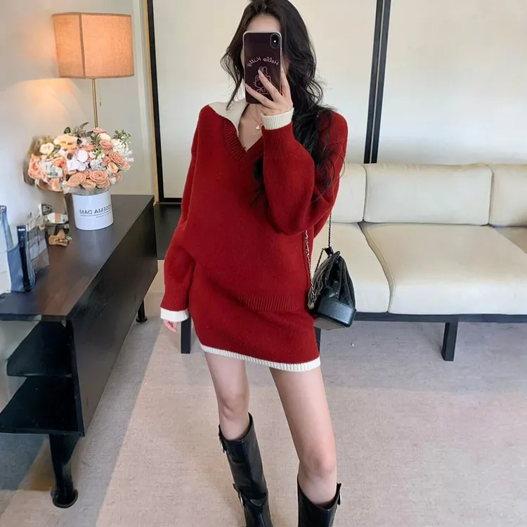 拉夏贝尔时尚套装女2025秋冬款洋气慵懒风翻领毛衣半身裙两件套
