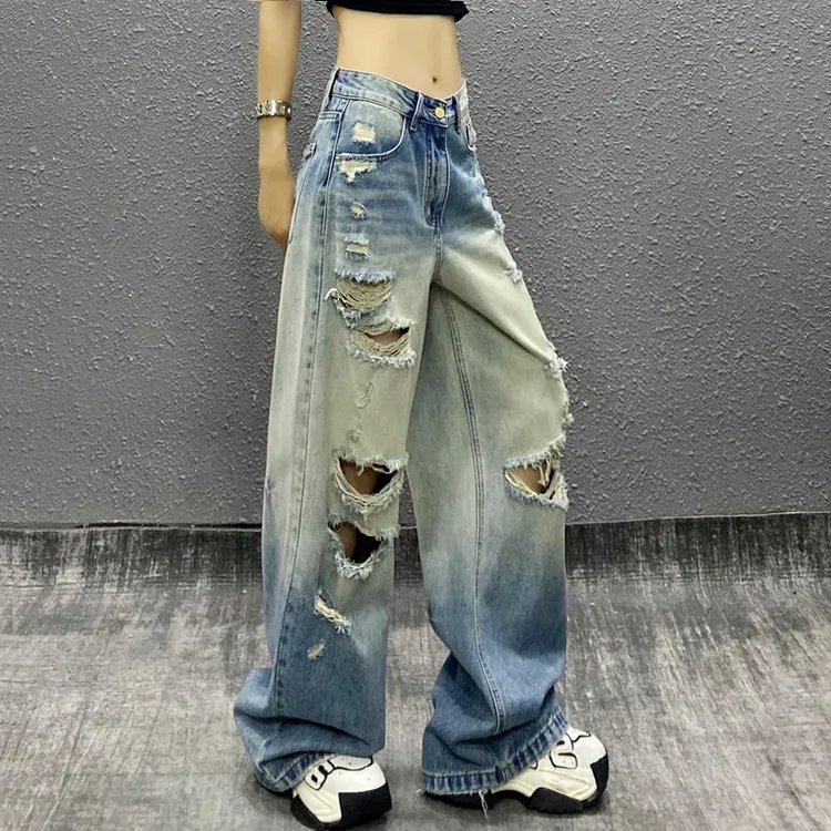 渐变色破洞休闲牛仔裤女夏新款个性高腰宽松显瘦百搭直筒阔腿裤潮