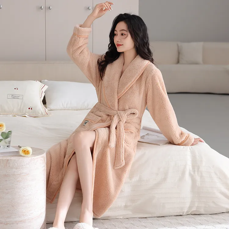 睡袍女士秋冬款珊瑚绒加绒浴袍冬天保暖法兰绒长款大码浴衣家居服