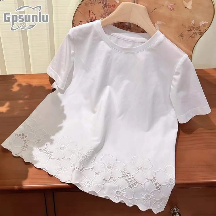 gpsunlu白色立体蕾丝钩花镂空短袖恤女夏季新款简约休闲上衣潮