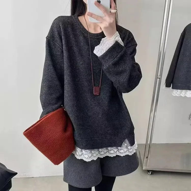 蕾丝花边拼接加厚卫衣女2025秋冬新款韩版时尚慵懒风洋气百搭上衣