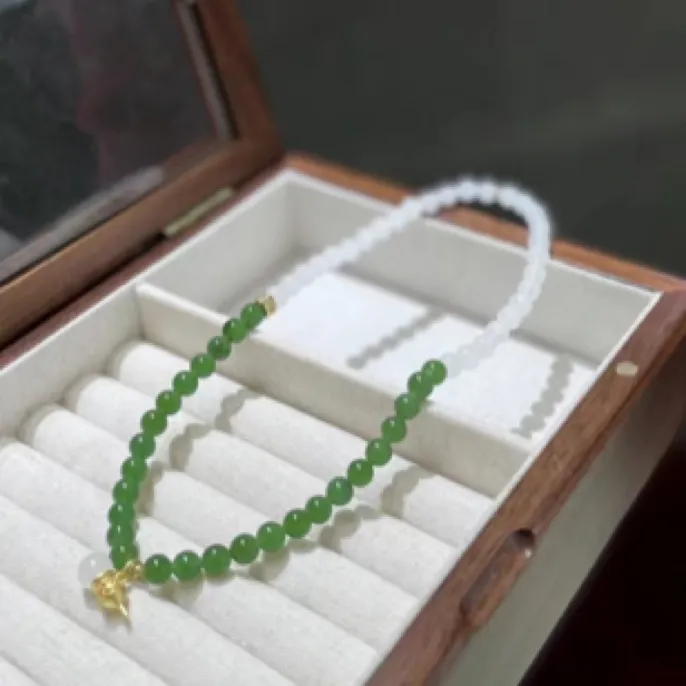 和田玉羊脂白手串6mm➕碧玉手串6mm银葫芦配饰两圈手链玉手串原创