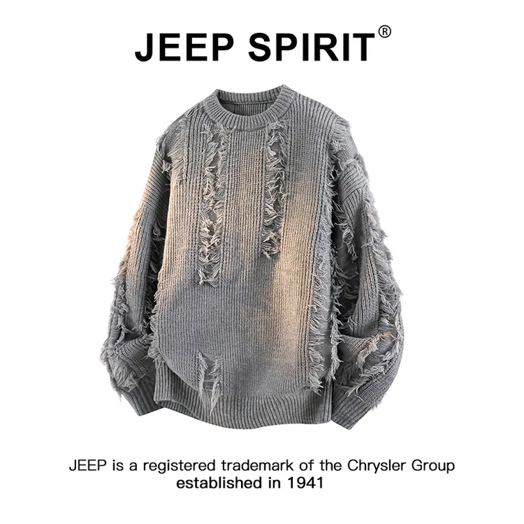JEEPSPIRIT吉普美式复古毛衣男秋冬季流苏破洞情侣高街针织衫外套