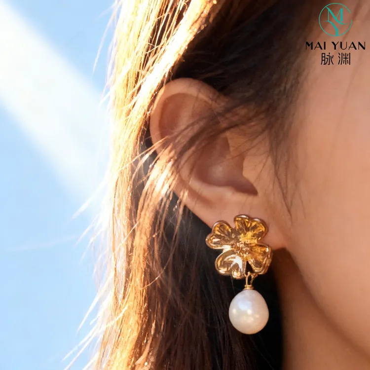 铜合金贝壳耳饰 耳饰珠宝植物花卉首饰日韩小众风耳环金色花朵