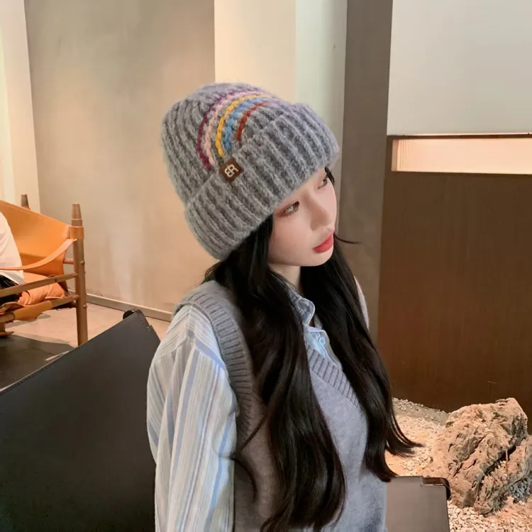 可爱彩虹针织帽子女秋冬季加厚保暖护耳韩版百搭防寒毛