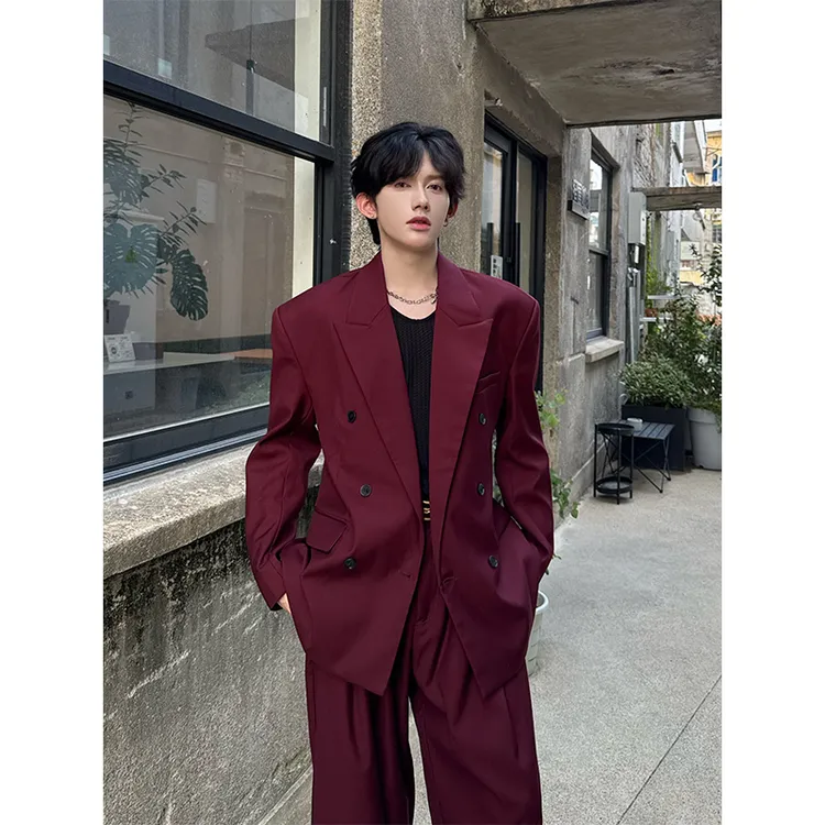 那不勒斯酒红色垫肩收腰戗驳领西装外套男高级感痞帅休闲西服套装