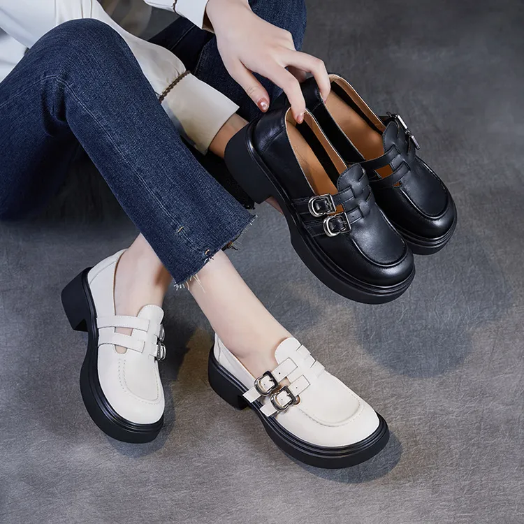 头层牛皮厚底玛丽珍鞋2025年春季新款双皮带扣英伦一脚蹬中跟单鞋