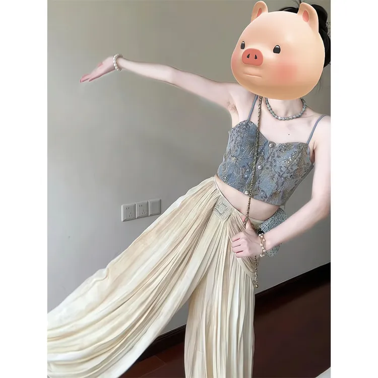 复古重工刺绣立体花瓣小吊带背心上衣国风休闲裤灯笼裤垂感阔腿裤