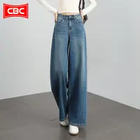 CBC摩登蓝宽版阔腿牛仔裤女2025新款秋季休闲垂感慵懒风大脚裤子