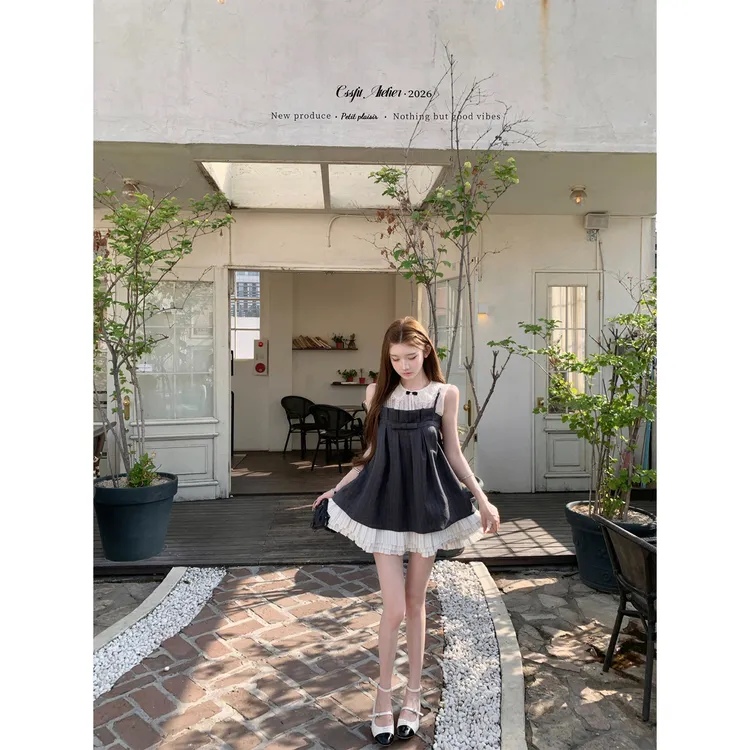 【梦回长岛】韩系甜美少女时尚定制格纹三层百褶吊带连衣裙显瘦短裙