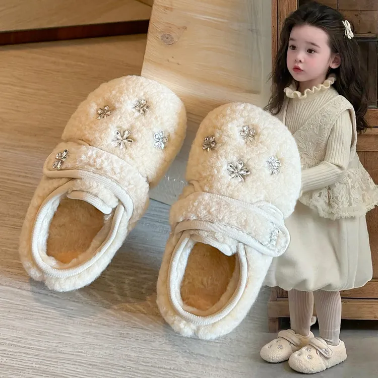 ABC韩版水钻公主毛毛毛鞋女童2025冬季新款棉鞋儿童女宝宝加绒鞋
