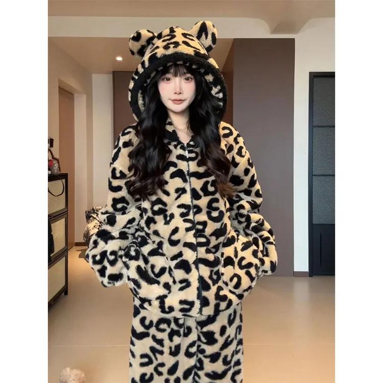 【木子专属】韩版小熊豹纹珊瑚绒睡衣女冬季保暖加绒加厚家居服套装