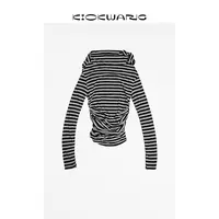 KIOKWANG//小众设计荡领条纹长袖不规则打底T恤内搭