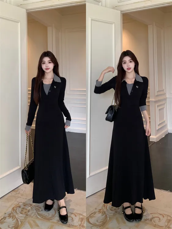 大码法式撞色翻领长袖连衣裙秋冬高级感收腰显瘦气质打底内搭长裙