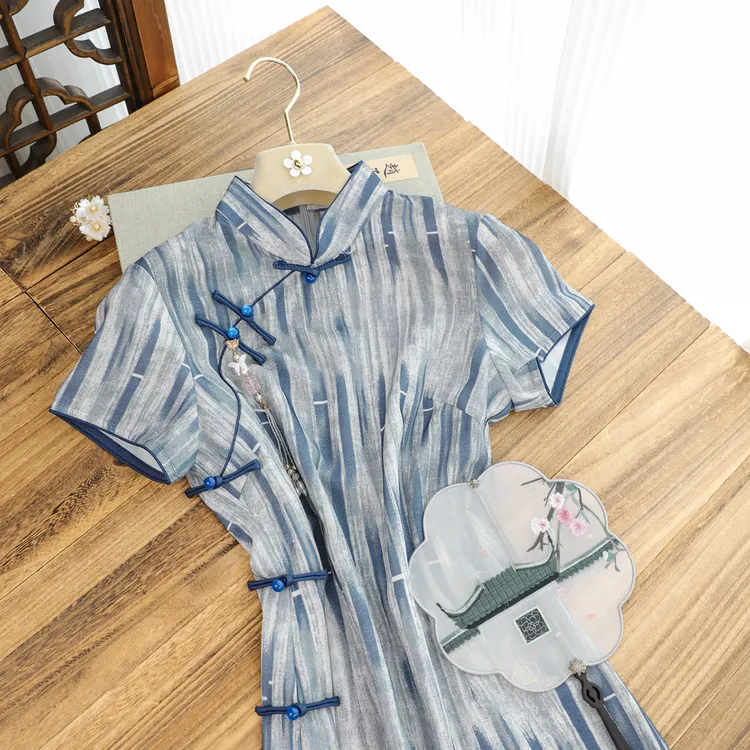 俏娘鱼蓝色复古新中式改良条纹旗袍女2025夏季新款日常可穿老上海