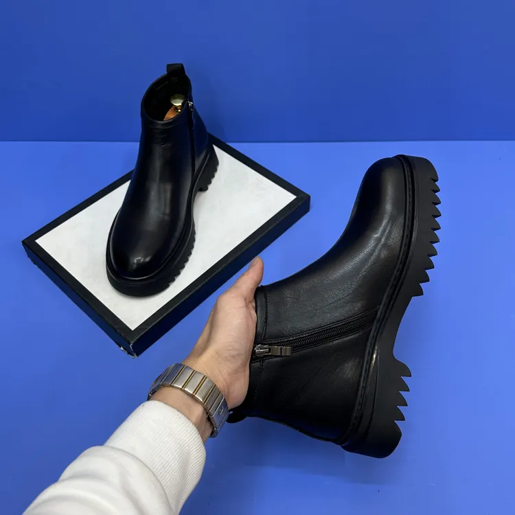 冬季切尔西靴加绒黑色低跟侧拉链真皮简约百搭舒适品味男鞋6138-1