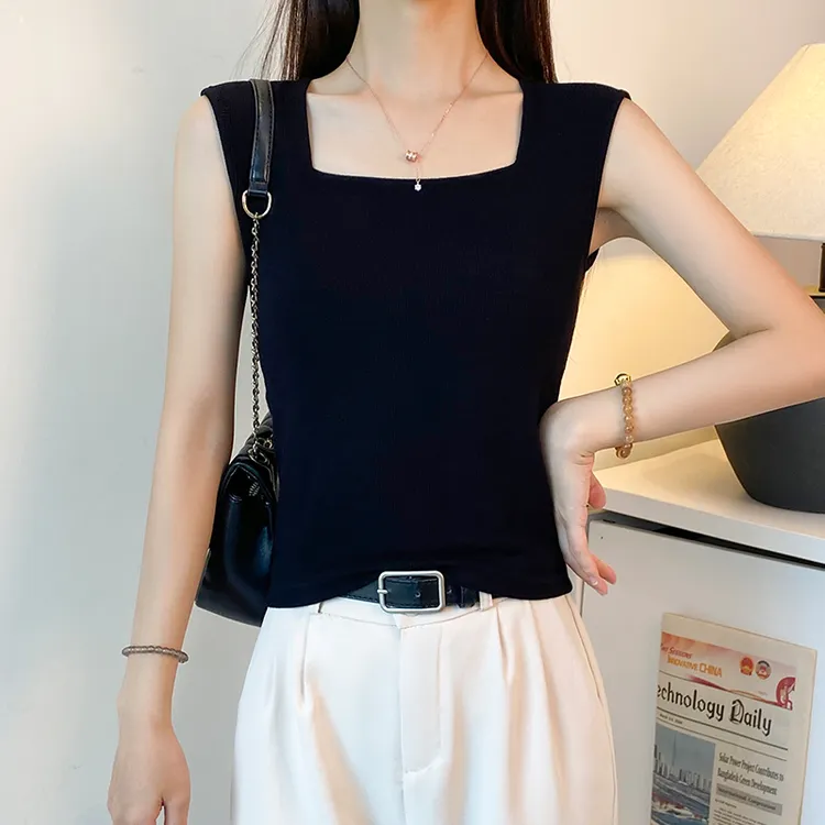 黑色螺纹方领宽肩吊带背心女内搭2025夏季修身打底显瘦外穿上衣潮