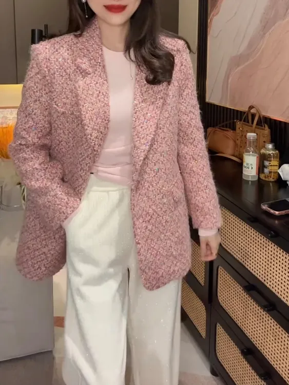春冬季新款新年款洋气亮片小香风加棉外套长袖宽松显瘦百搭西装