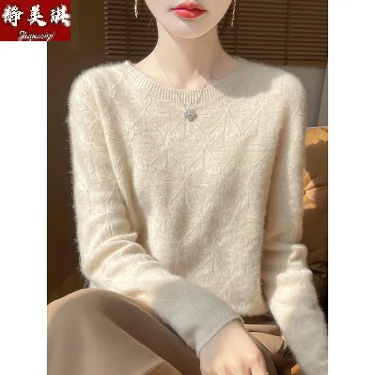 100%纯羊毛衫女一线成衣圆领菱形镂空毛衣宽松羊绒衫扭花打底上衣