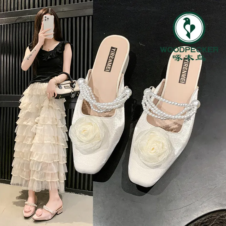 啄木鸟玫瑰花珍珠链包头凉鞋女2025夏季新款法式配裙子专用半拖鞋