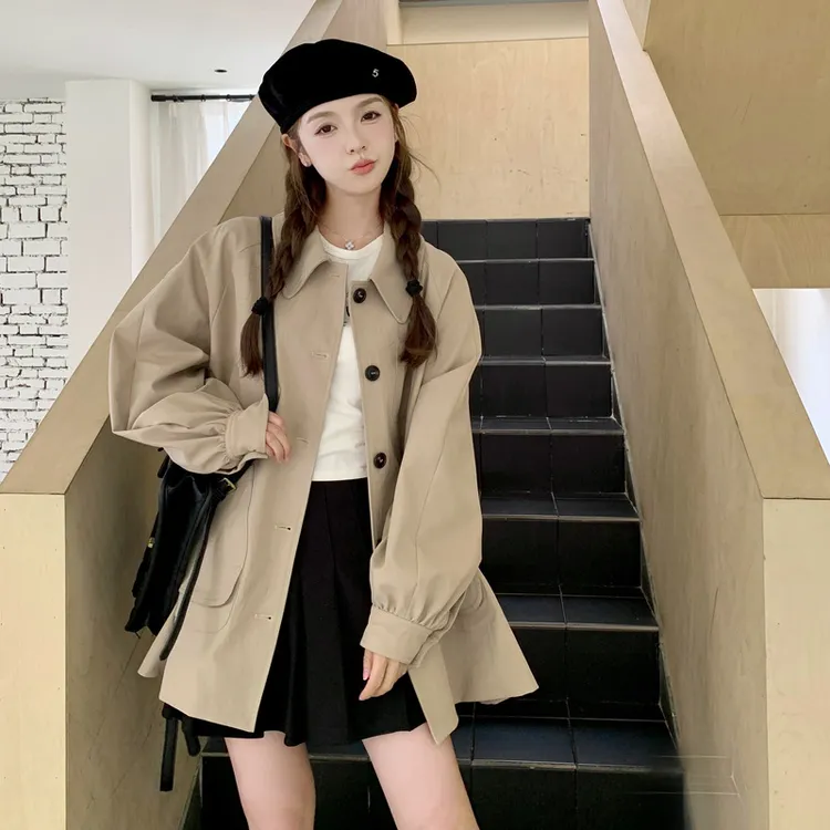 卡其色风衣女秋季2025新款学院风休闲设计感小个子蝴蝶结领千金风