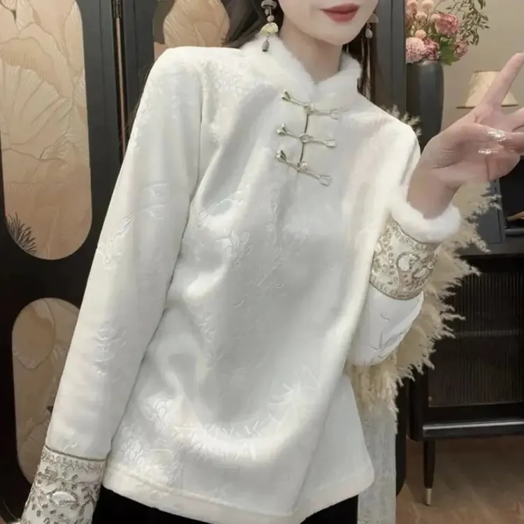 多喜新中式国风秋冬新款加绒加厚中国风复古冬季长袖打底衫