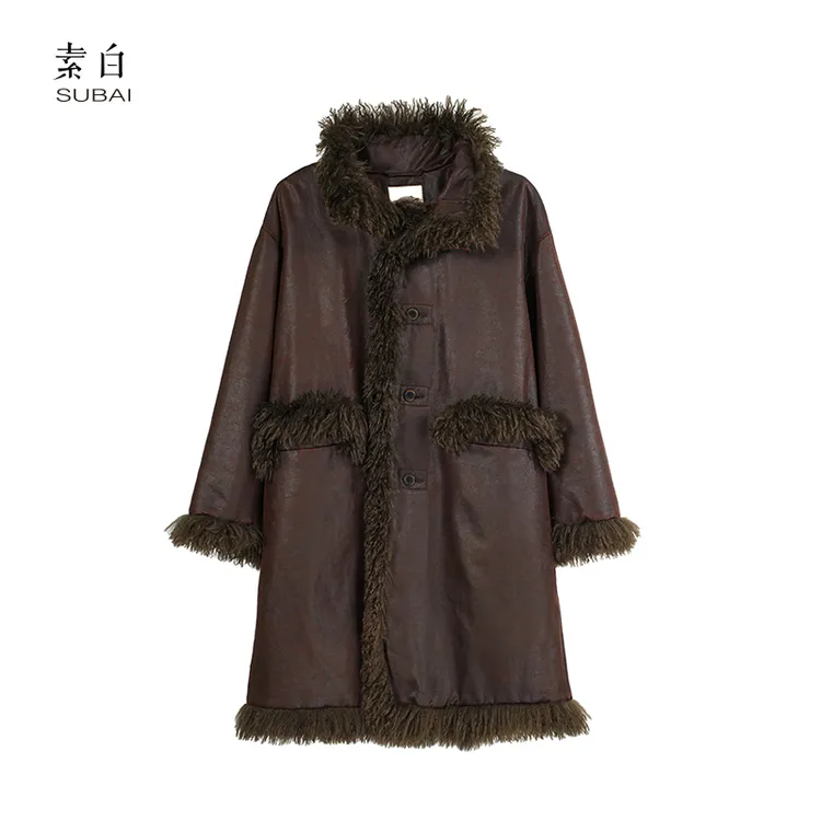 素白【宫四】F01910复古皮毛保暖油蜡质感防风拼接棉衣