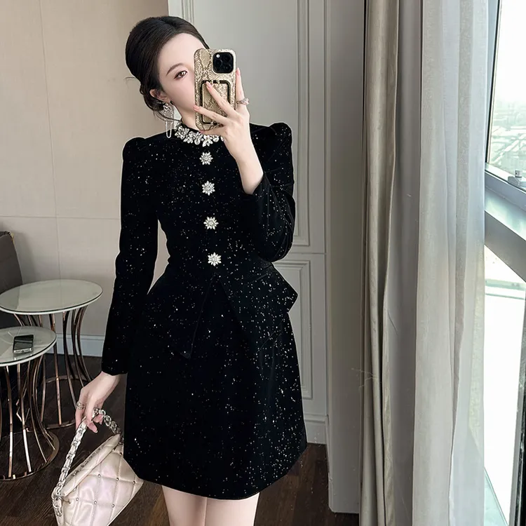 新款时尚收腰名媛气质收腰假两件丝绒连衣裙15359