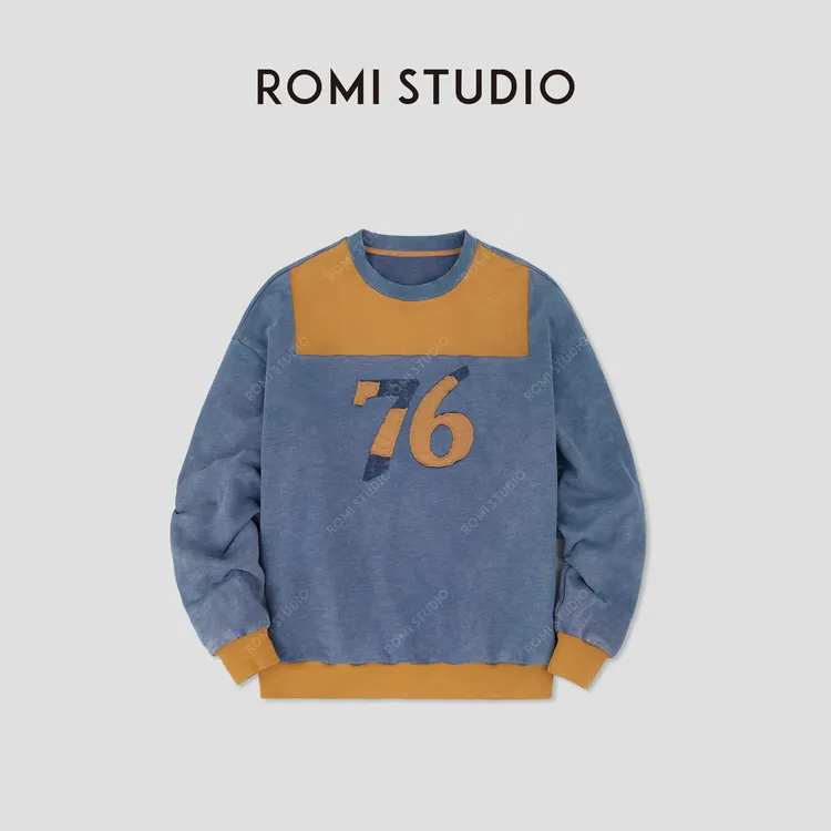 ROMI STUDIO“美式复古”竹节棉撞色炒色做旧套头卫衣 RWCASY5970