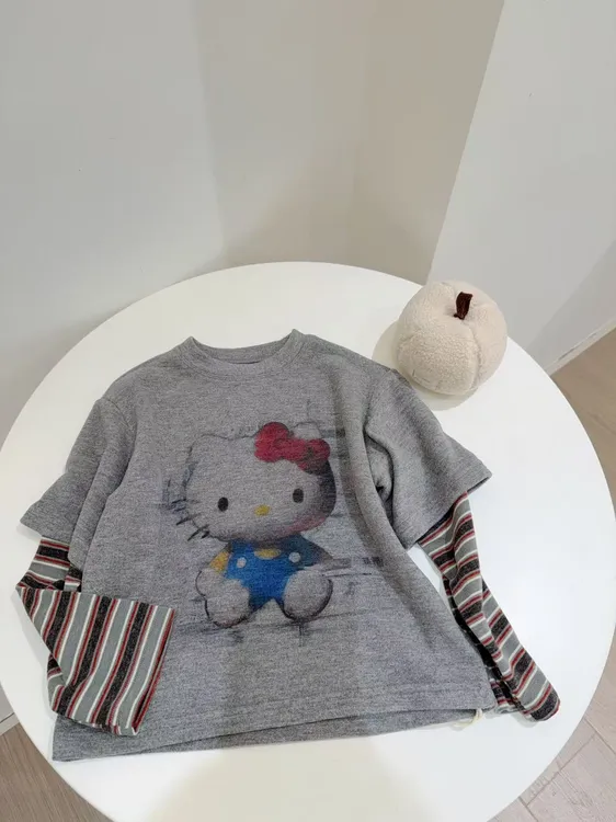 kitty来啦~065女童纹拼接修磨毛长袖韩版秋冬新款保暖上衣