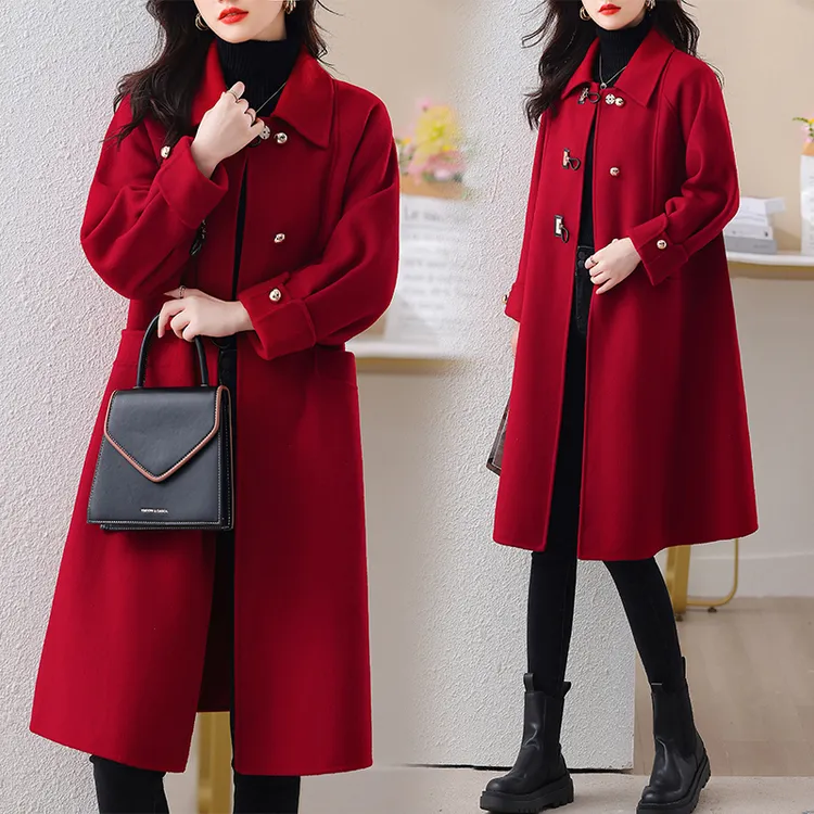 冬季毛呢外套红色毛呢大衣2025秋冬新款秋冬厚款翻领宽松型洋气女