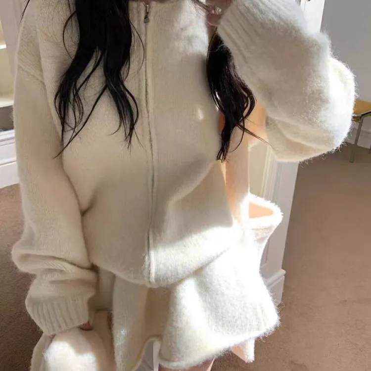 韩系慵懒风软糯毛衣针织开衫配短裙两件套女秋冬新款宽松时尚套装