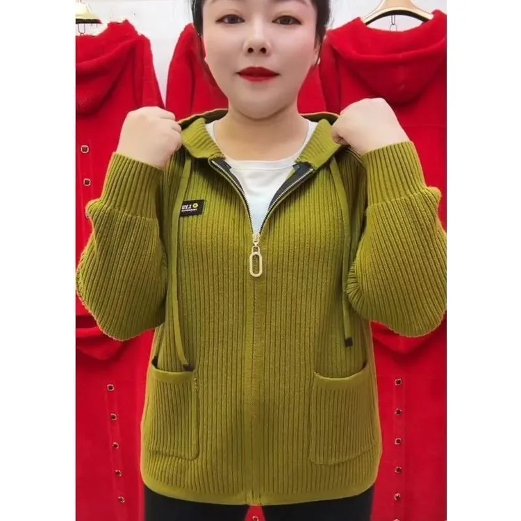 春秋季妈妈装短款外套女中老年宽松时尚休闲拉链针织连帽开衫上衣