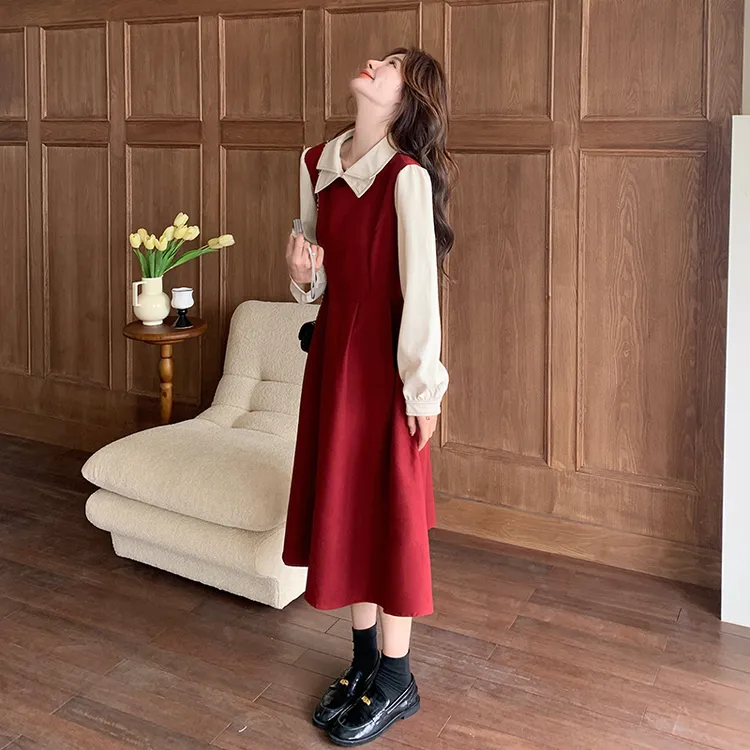 红色假两件连衣裙回门服2025秋季新款超好看复古清冷系订婚礼服女