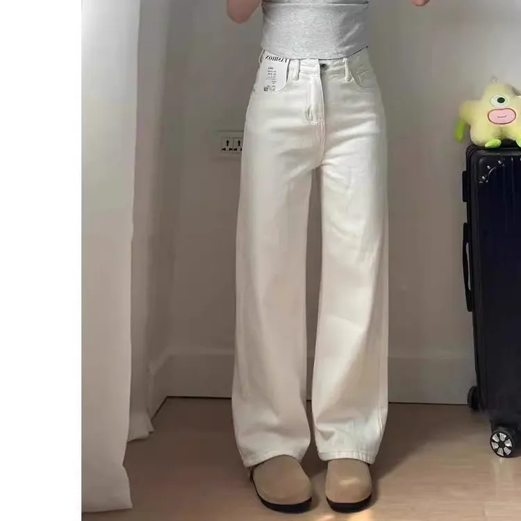 雪千羽白色窄版阔腿牛仔裤女春2025新款高腰垂感宽松小个子直筒裤