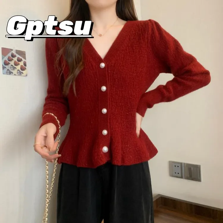 GPTSu大码女装胖2025新款别致绝美红色龙新年小香风毛衣针织开衫