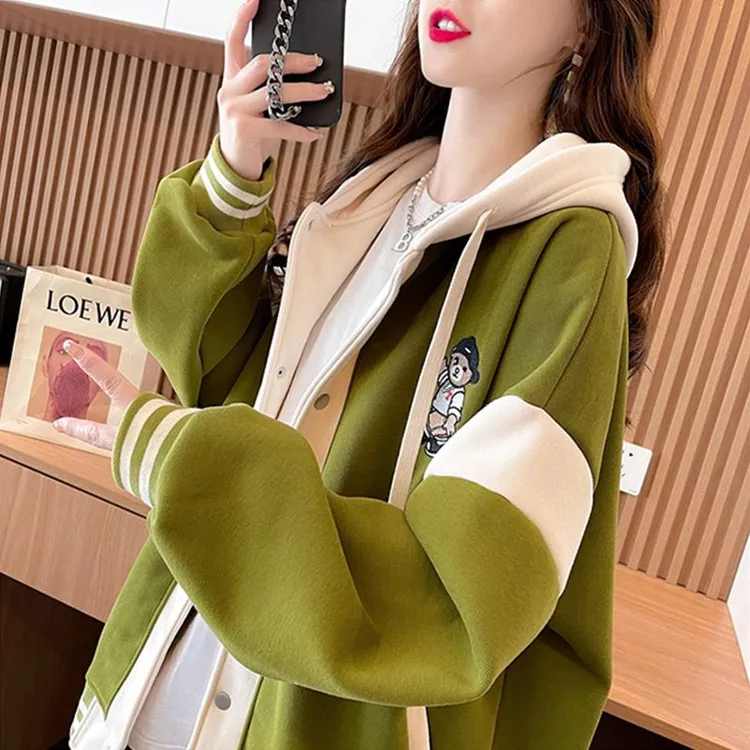 开衫纽扣连帽外套女2025新款中长款拼色刺绣学生棒球服美式卫衣女