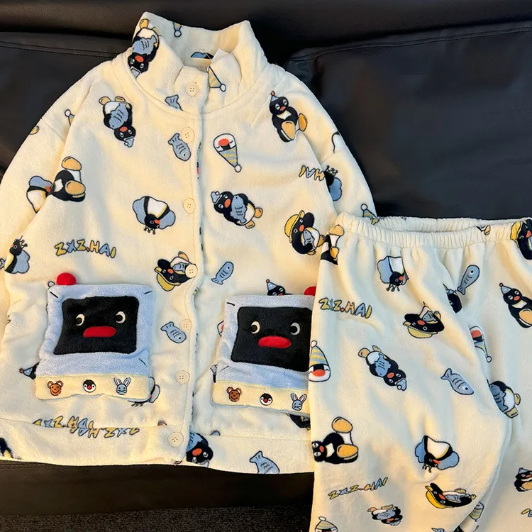 侘町2024新款机器人pingu法兰绒睡衣女秋冬款加绒加厚家居服冬季