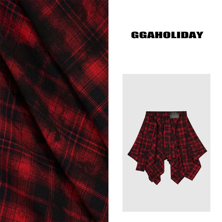 GGAHOLIDAY夏季时尚休闲复古显瘦宽松百搭不规则格子短裙-152540