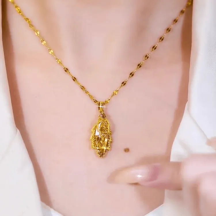 铜合金合成锆石吊坠 百搭气质叶子吊坠项链女轻奢高级锁骨链颈链