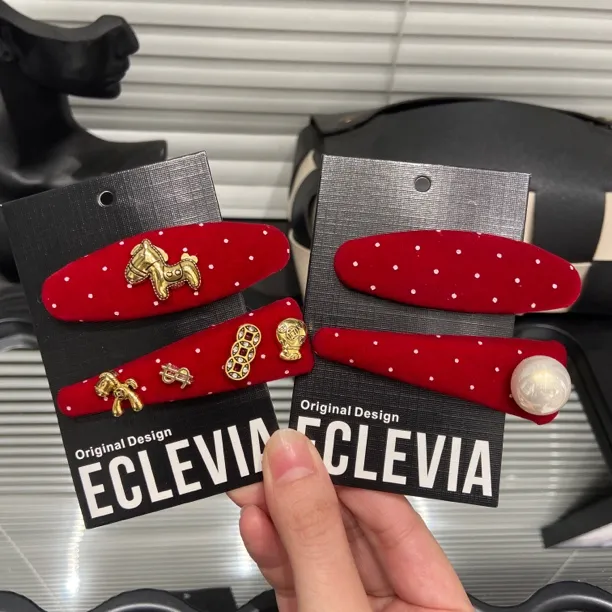 E5172 马上有钱红色小马bb夹边夹侧边发卡高级感新年圣诞头饰精致