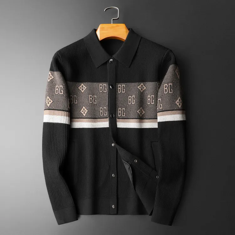 希敦纽勒个性秋冬季开衫加厚拼色毛衣男士休闲针织衫印花外套欧货