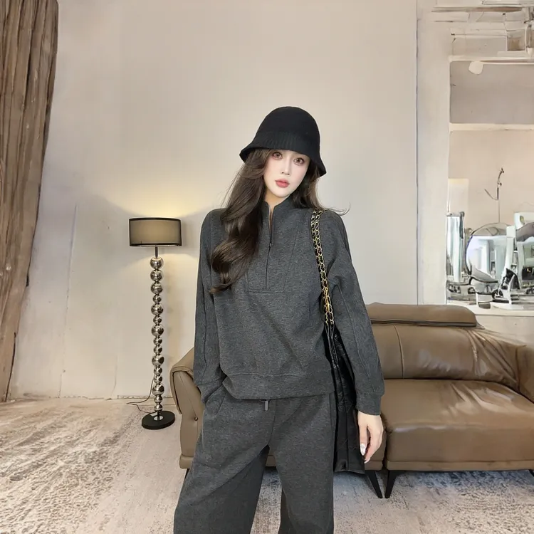休闲运动慵懒风显瘦加厚半拉链卫衣搭配高腰系带长裤秋冬套装